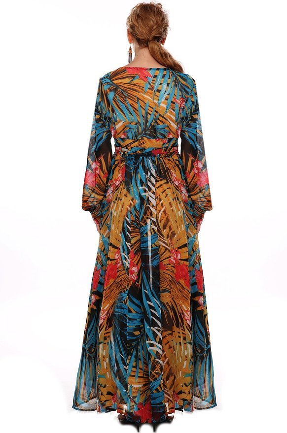 F2440-1 Womens V Neck Tropical Flower Printed Chiffon Long Sleeve Beach Dress